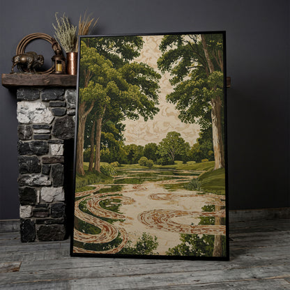 Forest Pond Canvas Print with Green Trees and Rippling Water in black floating frame