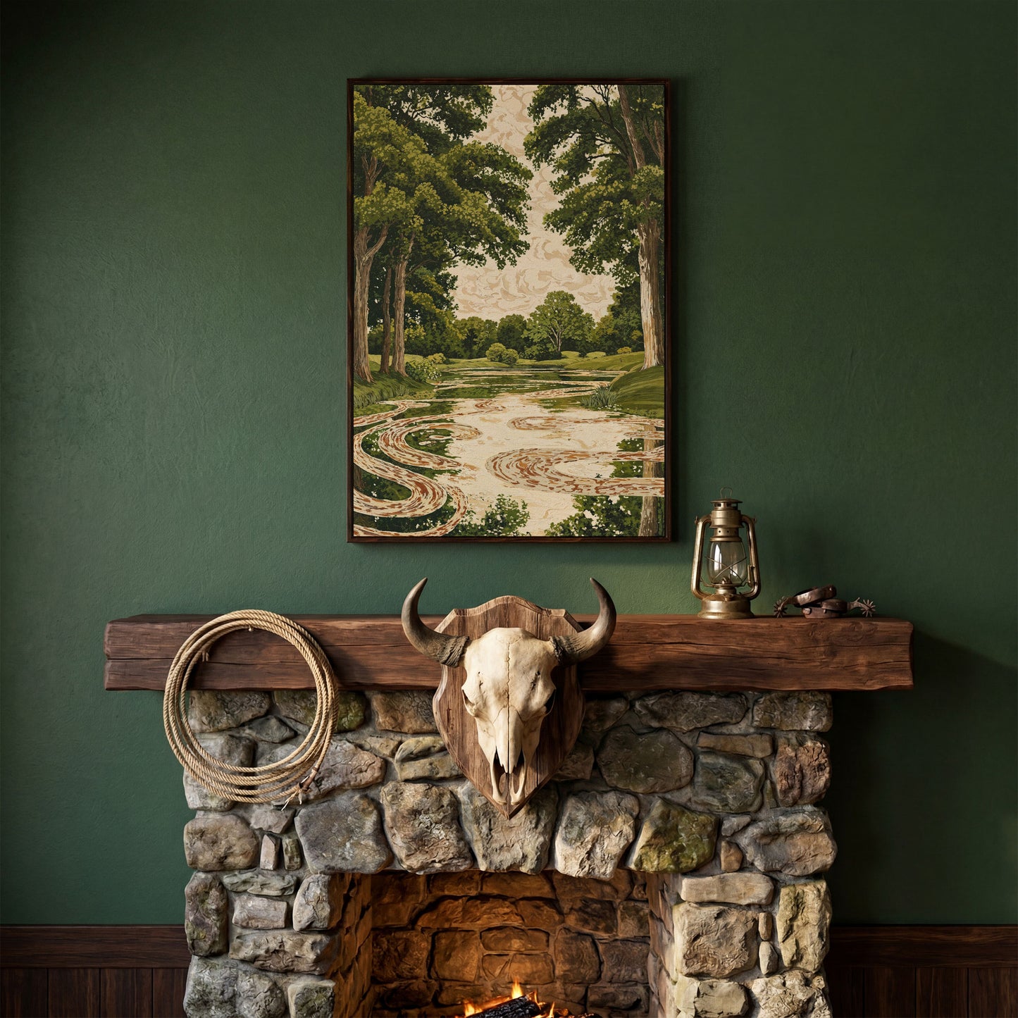 Forest Pond Canvas Print with Green Trees and Rippling Water in dark walnut floating frame