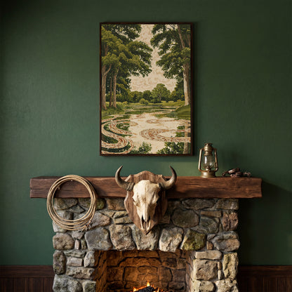 Forest Pond Canvas Print with Green Trees and Rippling Water in dark walnut floating frame