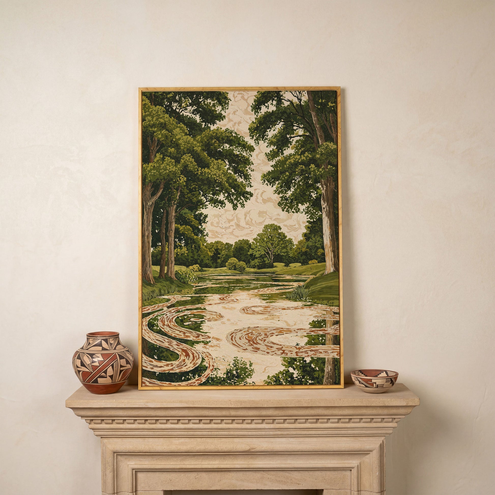 Forest Pond Canvas Print with Green Trees and Rippling Water in white oak floating frame