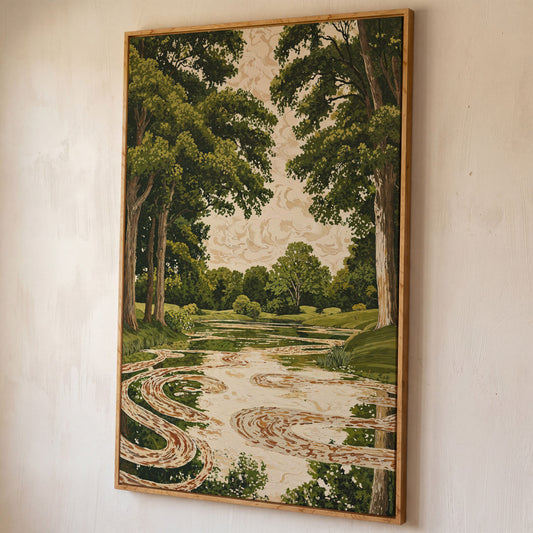 Forest Pond Canvas Print with Green Trees and Rippling Water shown in white oak floating frame