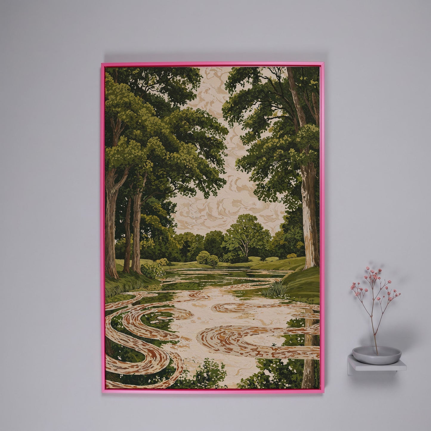 Forest Pond Canvas Print with Green Trees and Rippling Water in pink floating frame