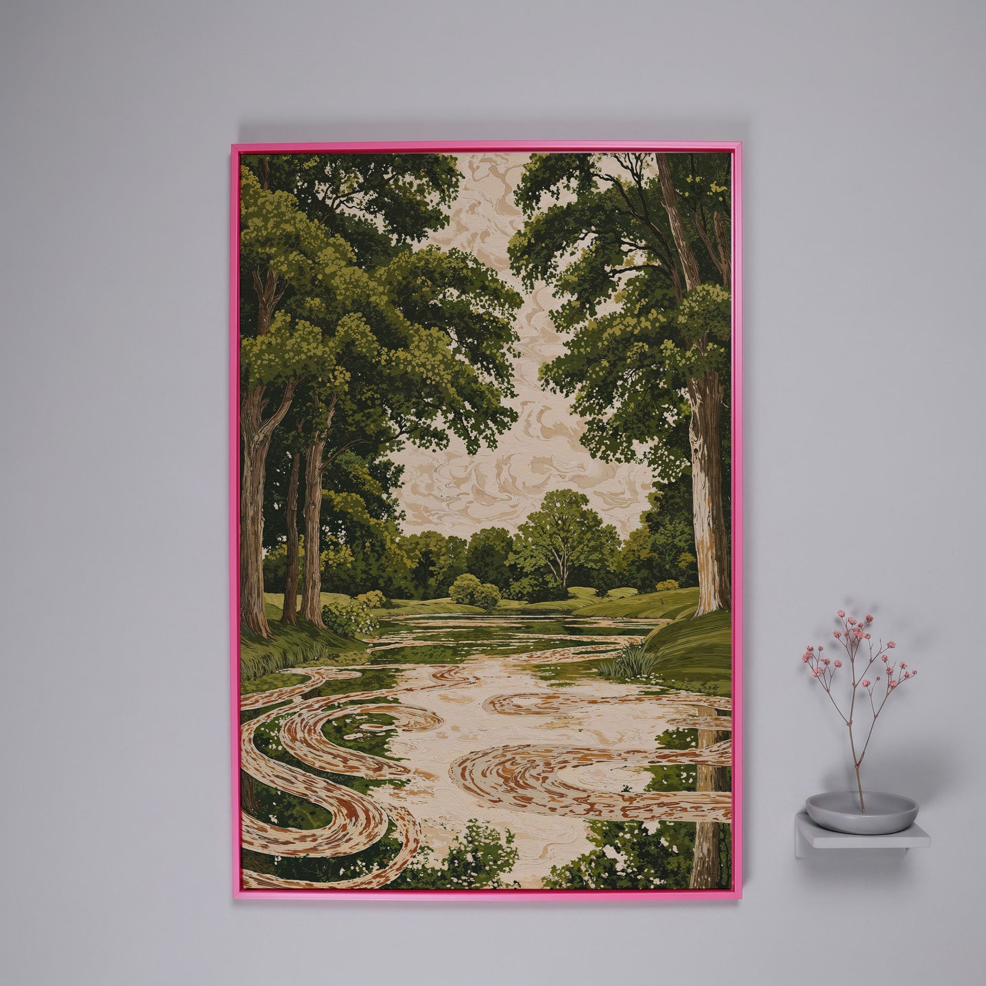 Forest Pond Canvas Print with Green Trees and Rippling Water in pink floating frame