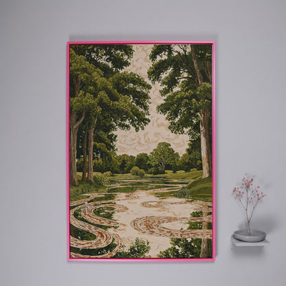 Forest Pond Canvas Print with Green Trees and Rippling Water in pink floating frame