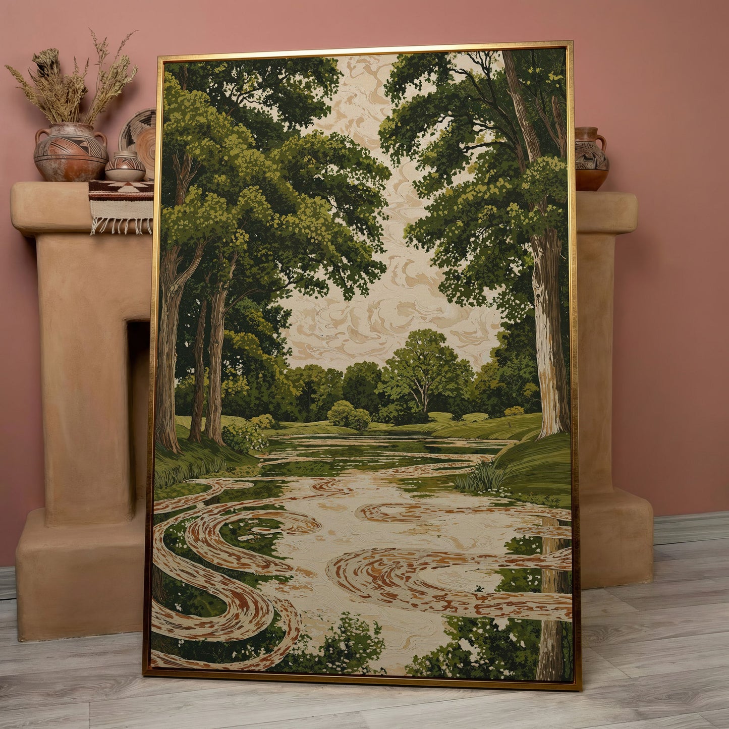 Forest Pond Canvas Print with Green Trees and Rippling Water in rose gold floating frame