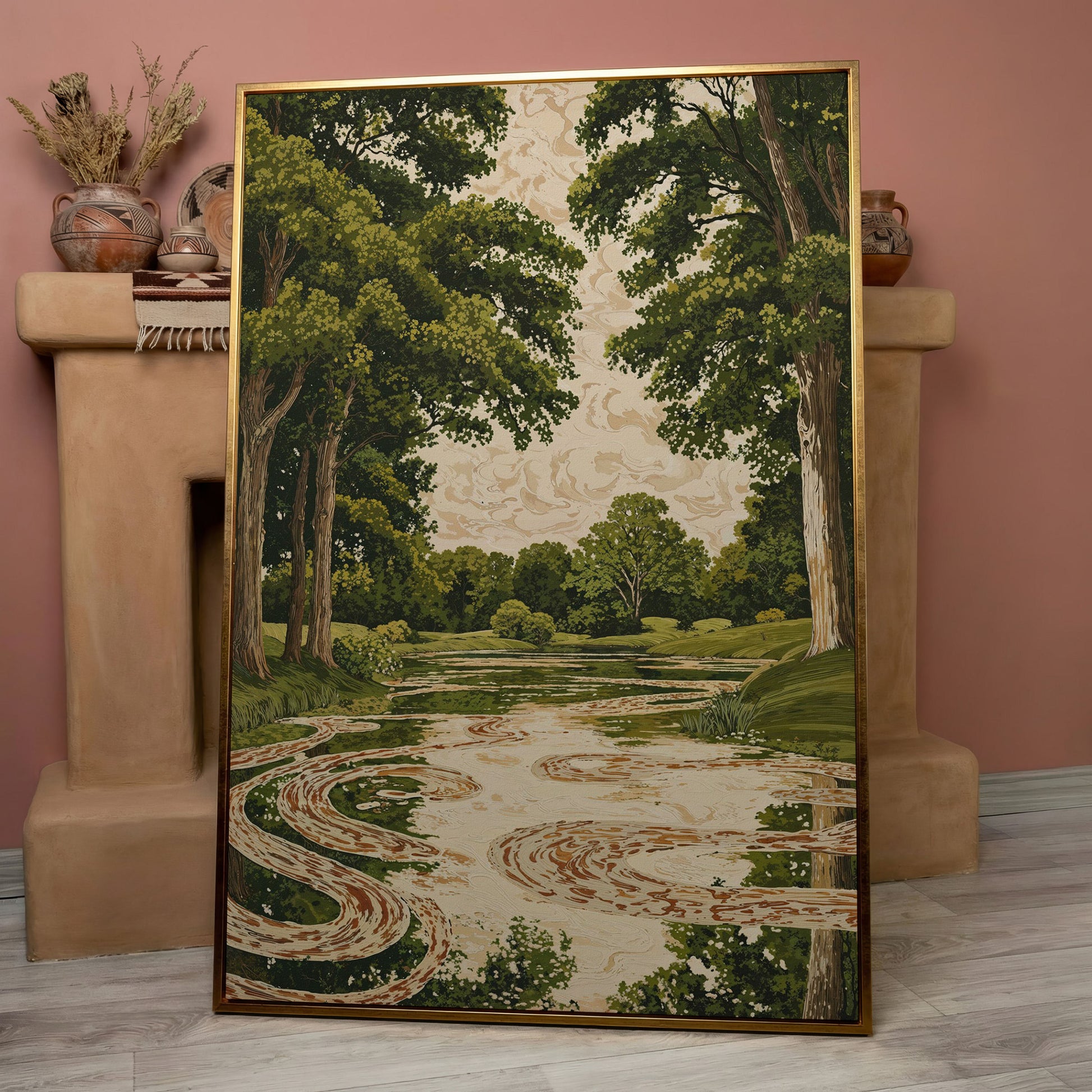 Forest Pond Canvas Print with Green Trees and Rippling Water in rose gold floating frame