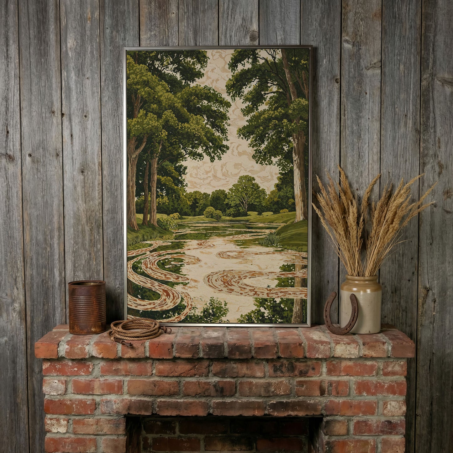 Forest Pond Canvas Print with Green Trees and Rippling Water in silver floating frame
