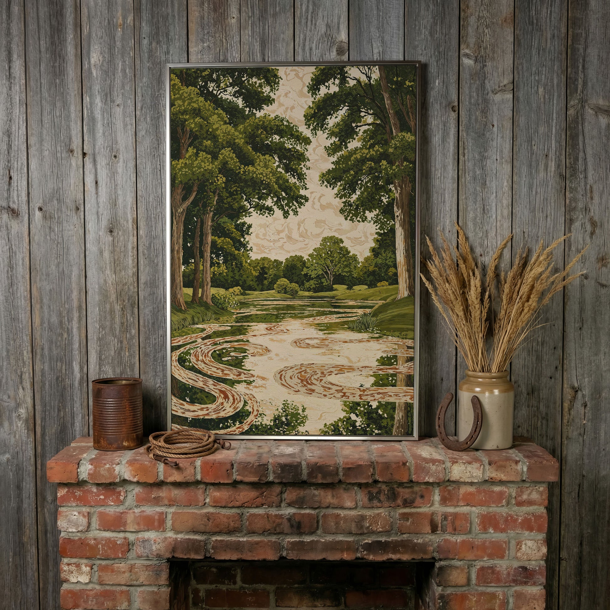 Forest Pond Canvas Print with Green Trees and Rippling Water in silver floating frame