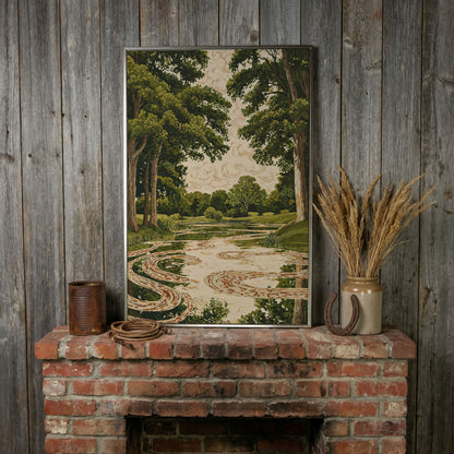 Forest Pond Canvas Print with Green Trees and Rippling Water in silver floating frame