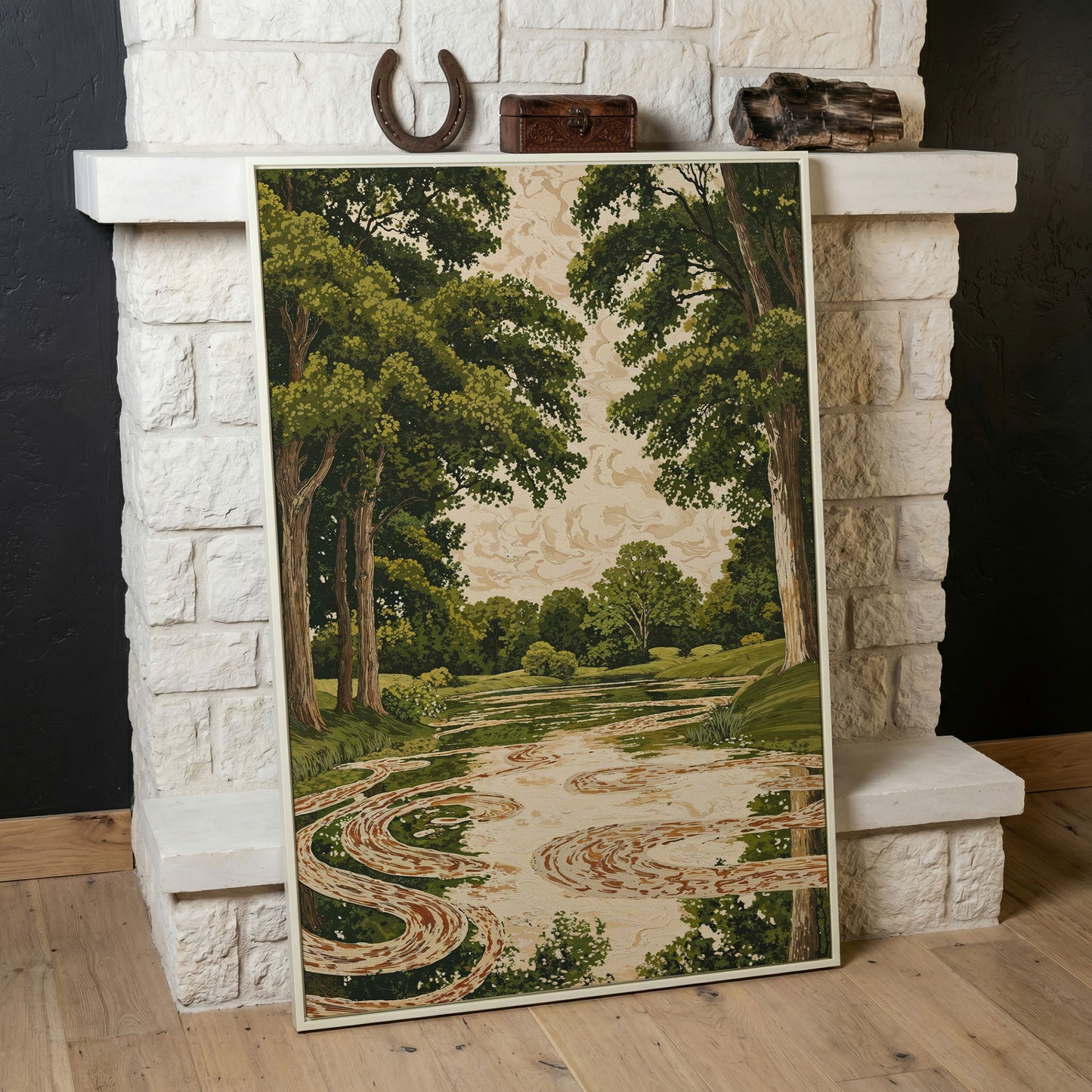Forest Pond Canvas Print with Green Trees and Rippling Water in white floating frame