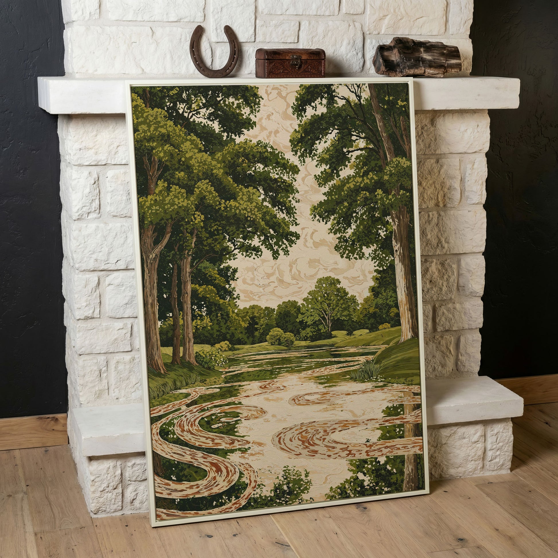 Forest Pond Canvas Print with Green Trees and Rippling Water in white floating frame