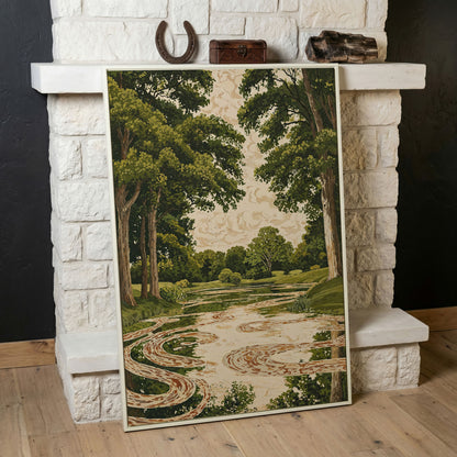 Forest Pond Canvas Print with Green Trees and Rippling Water in white floating frame