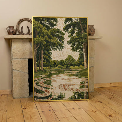 Forest Pond Canvas Print with Green Trees and Rippling Water in yellow gold floating frame