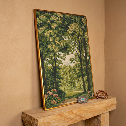 Peaceful Green Landscape Canvas in antique gold floating frame