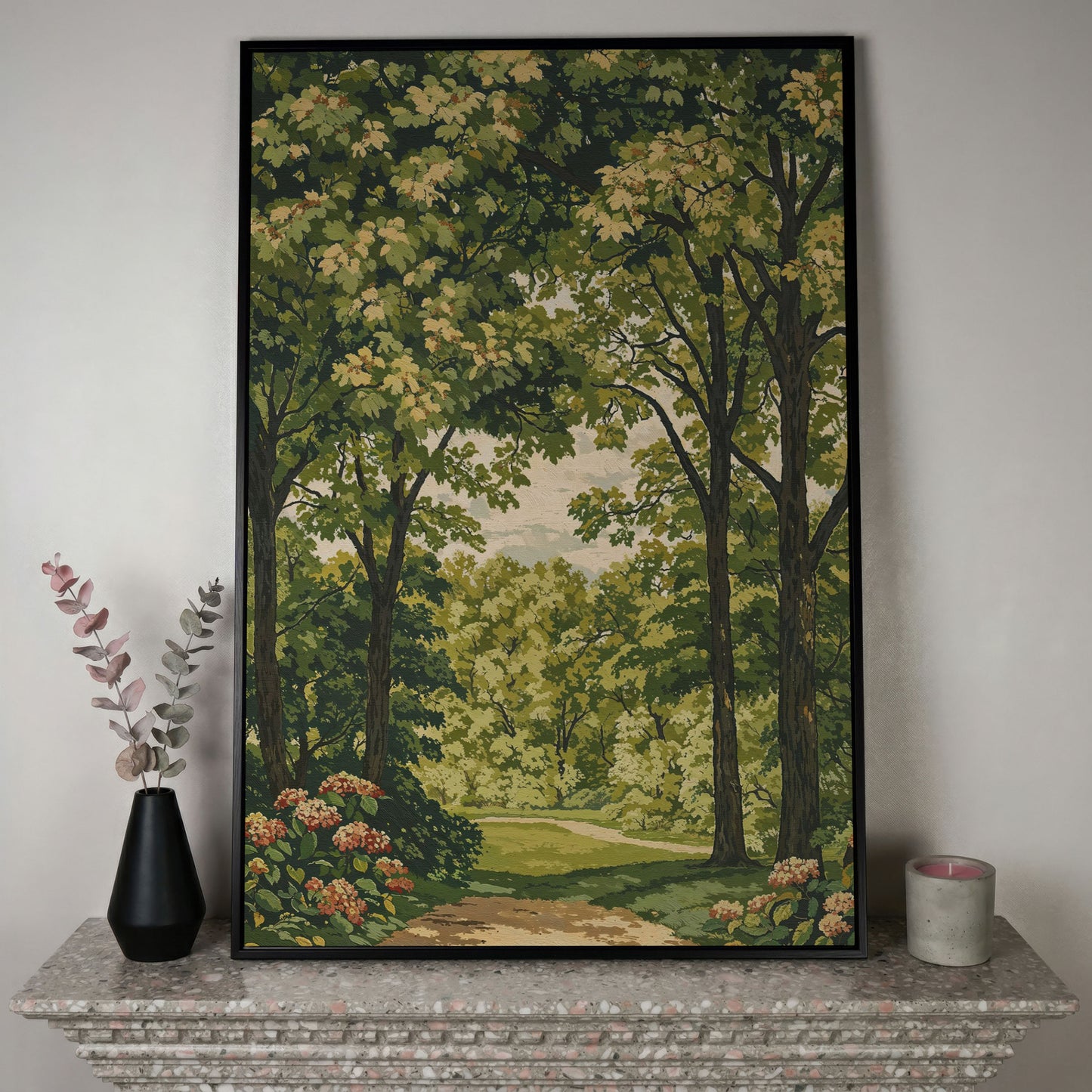Peaceful Green Landscape Canvas in black floating frame