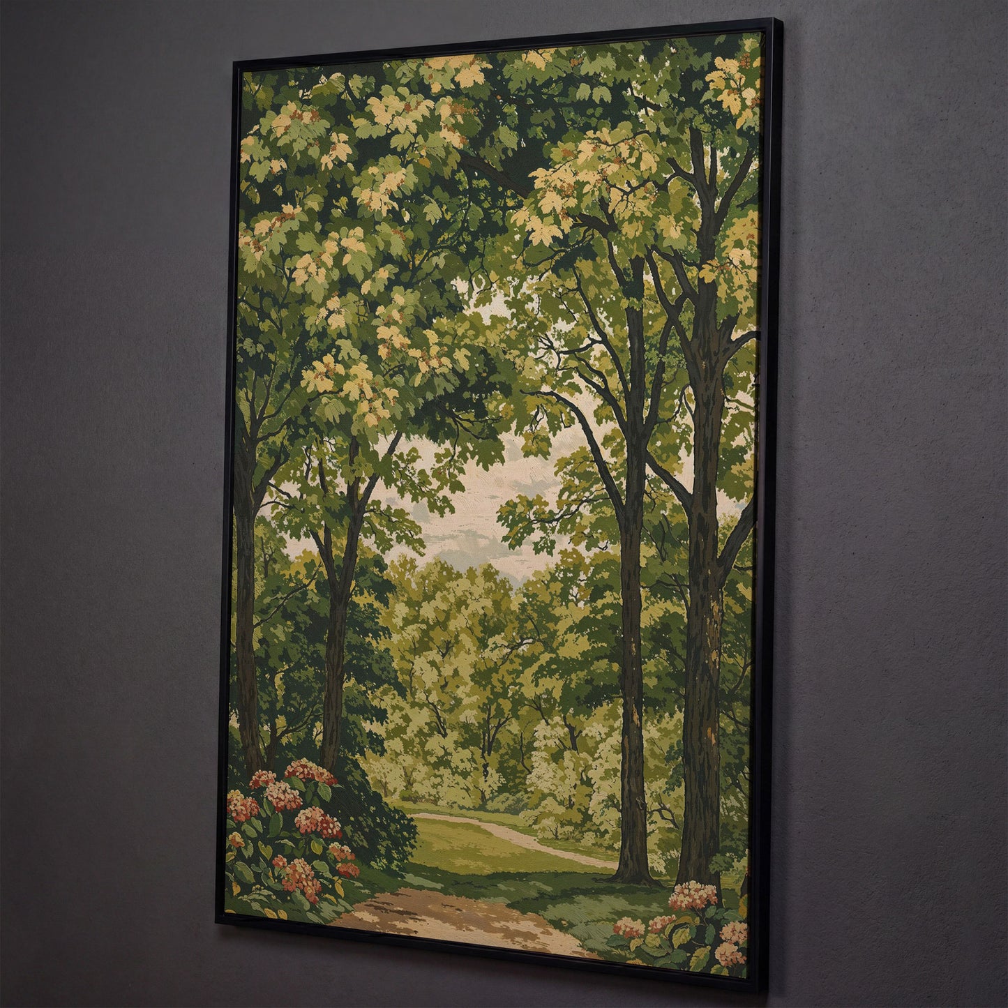 Peaceful Green Landscape Canvas shown in black floating frame