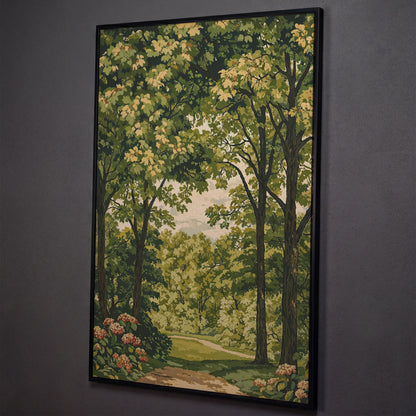 Peaceful Green Landscape Canvas shown in black floating frame