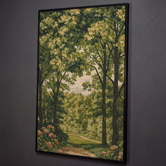 Peaceful Green Landscape Canvas shown in black floating frame