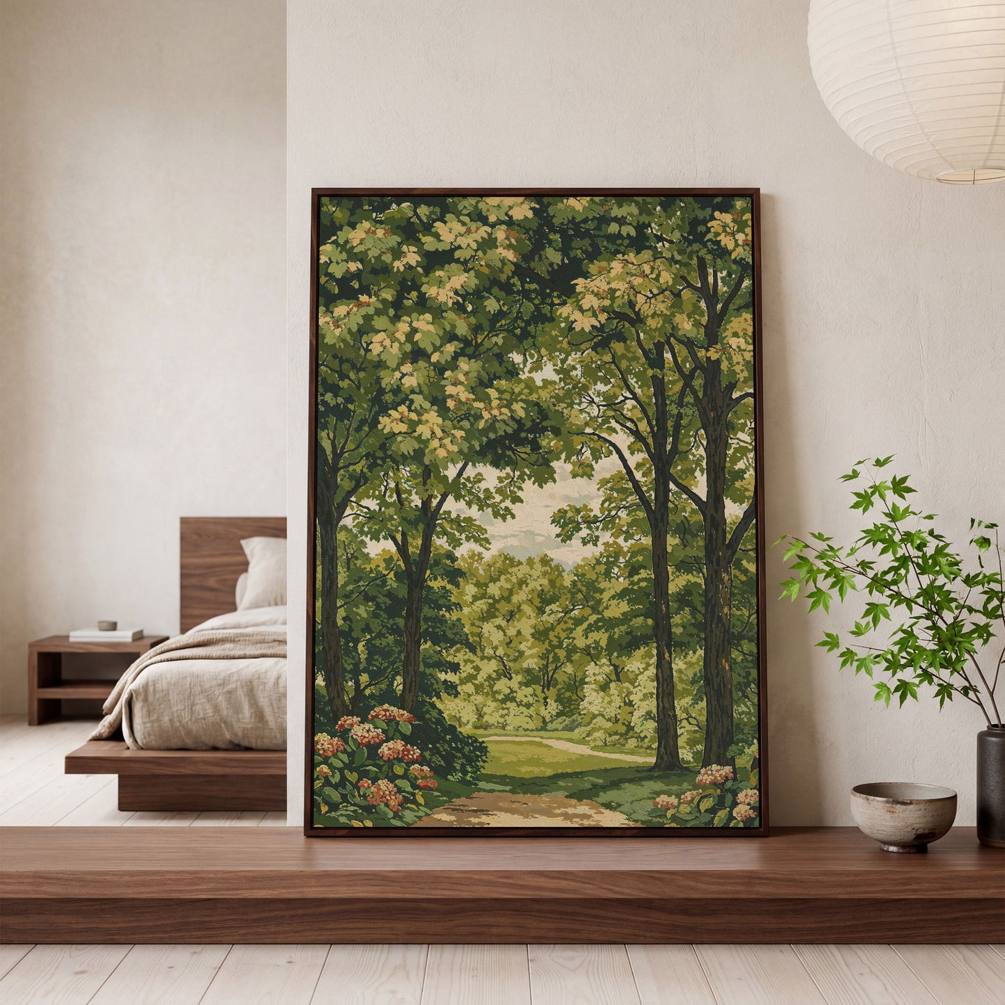 Peaceful Green Landscape Canvas in dark walnut floating frame