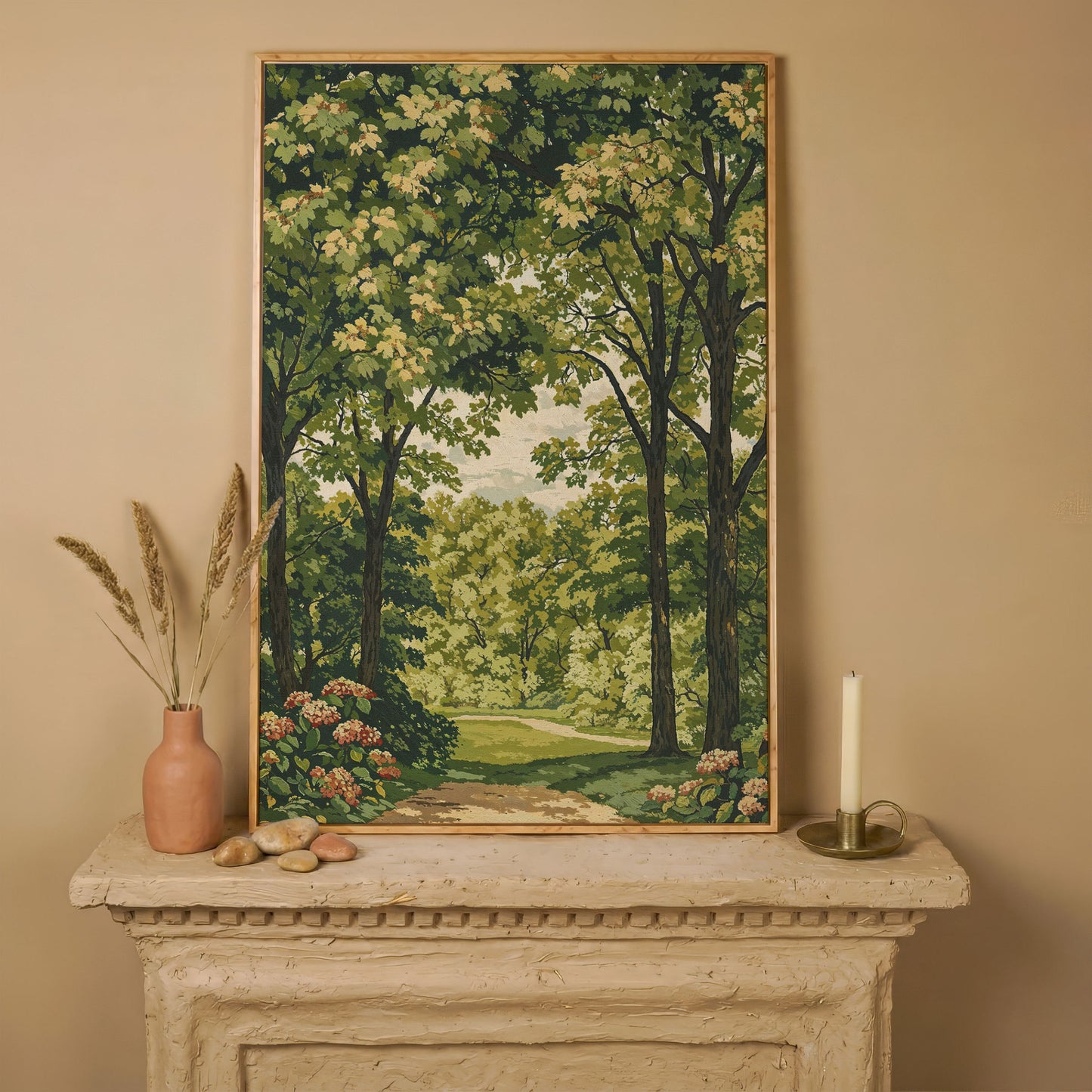 Peaceful Green Landscape Canvas in white oak floating frame