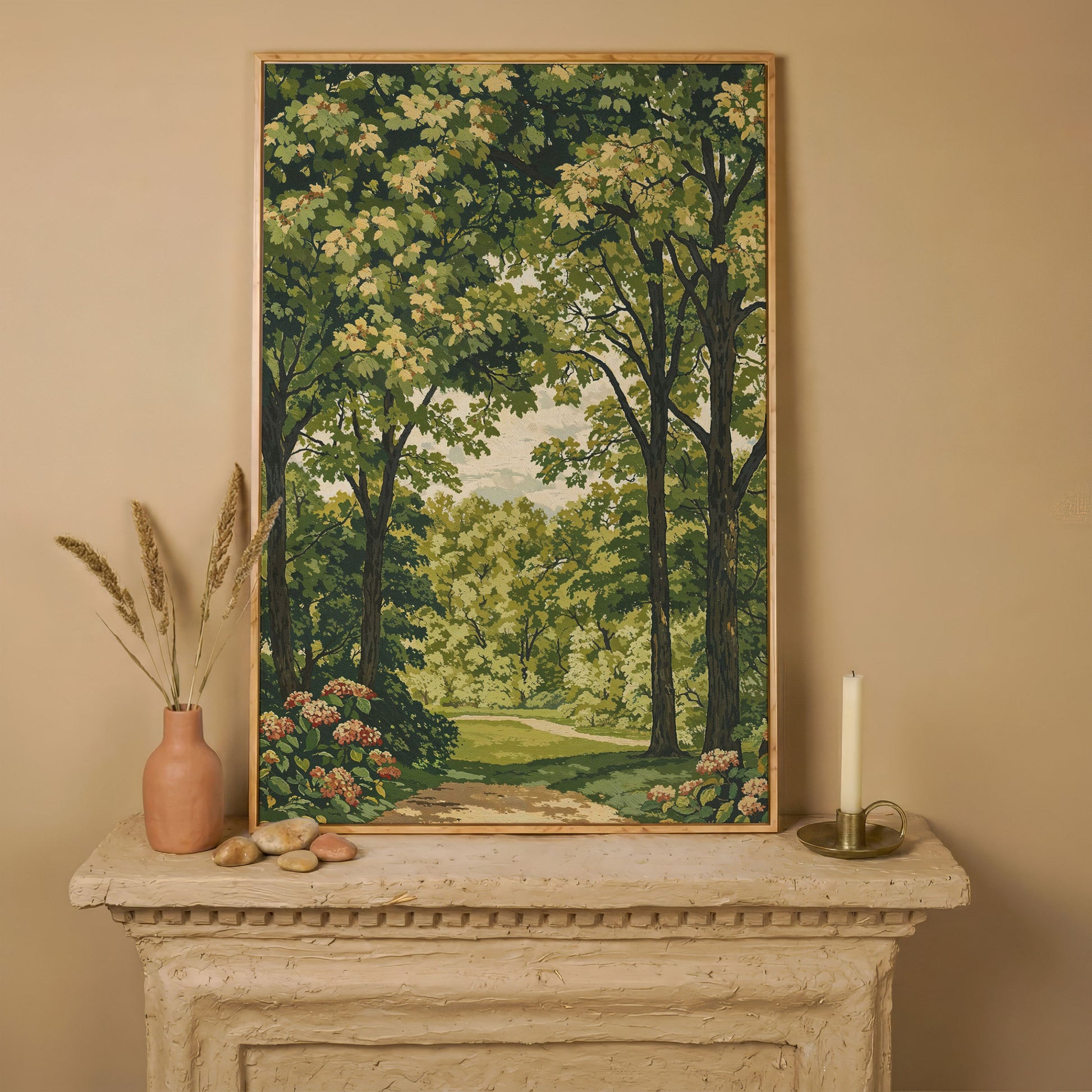 Peaceful Green Landscape Canvas in white oak floating frame