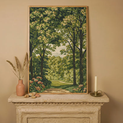 Peaceful Green Landscape Canvas in white oak floating frame