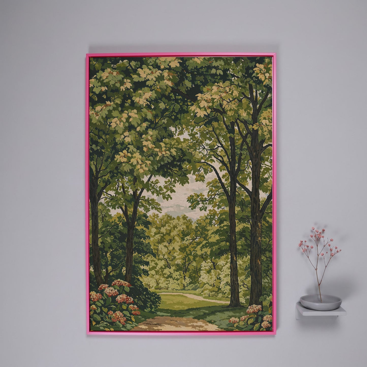 Peaceful Green Landscape Canvas in pink floating frame