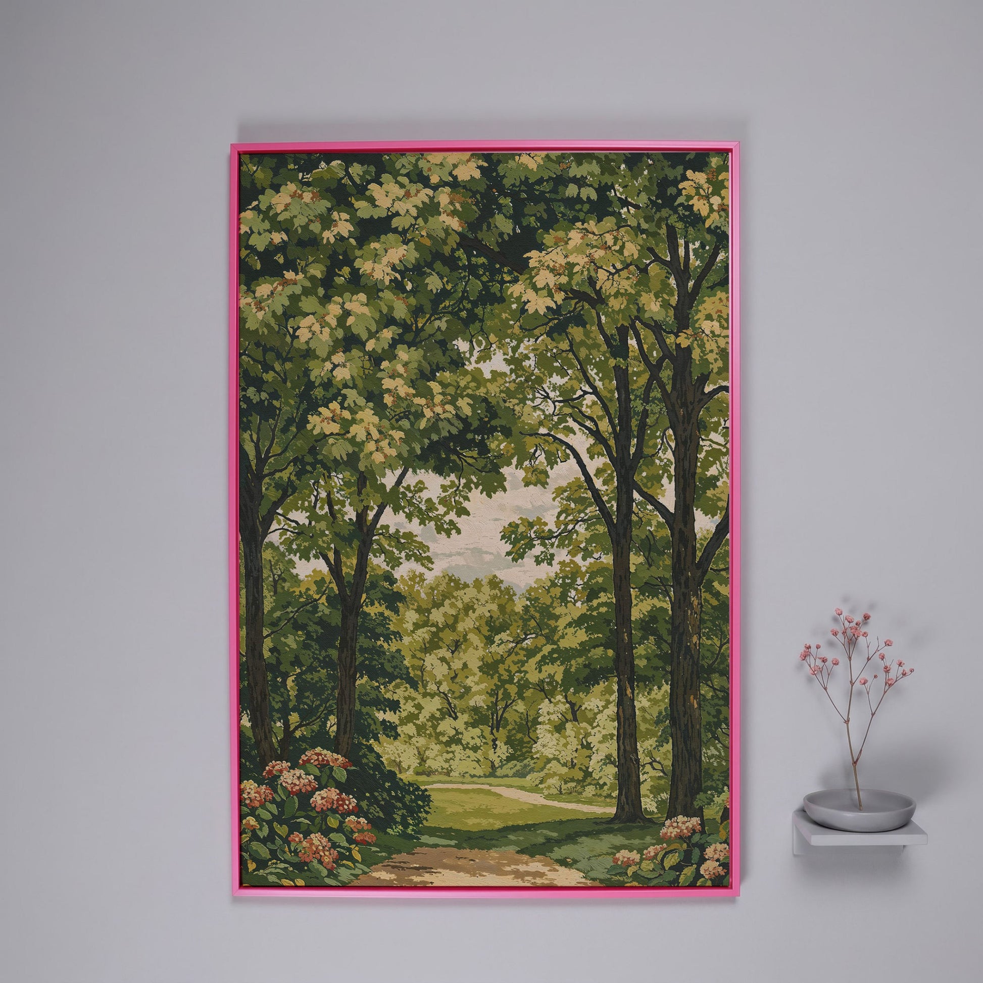 Peaceful Green Landscape Canvas in pink floating frame