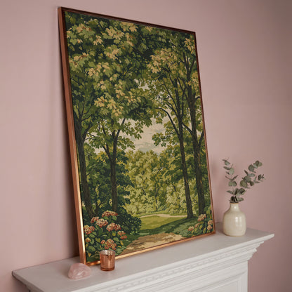 Peaceful Green Landscape Canvas in rose gold floating frame