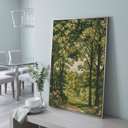 Peaceful Green Landscape Canvas in silver floating frame