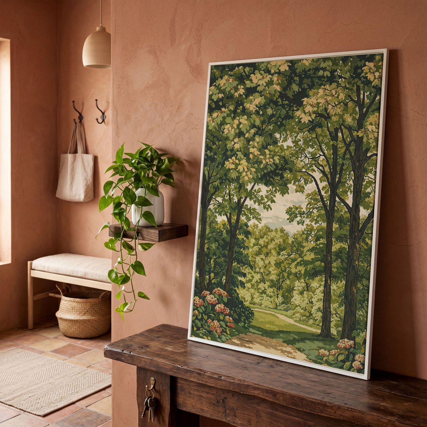 Peaceful Green Landscape Canvas in white floating frame