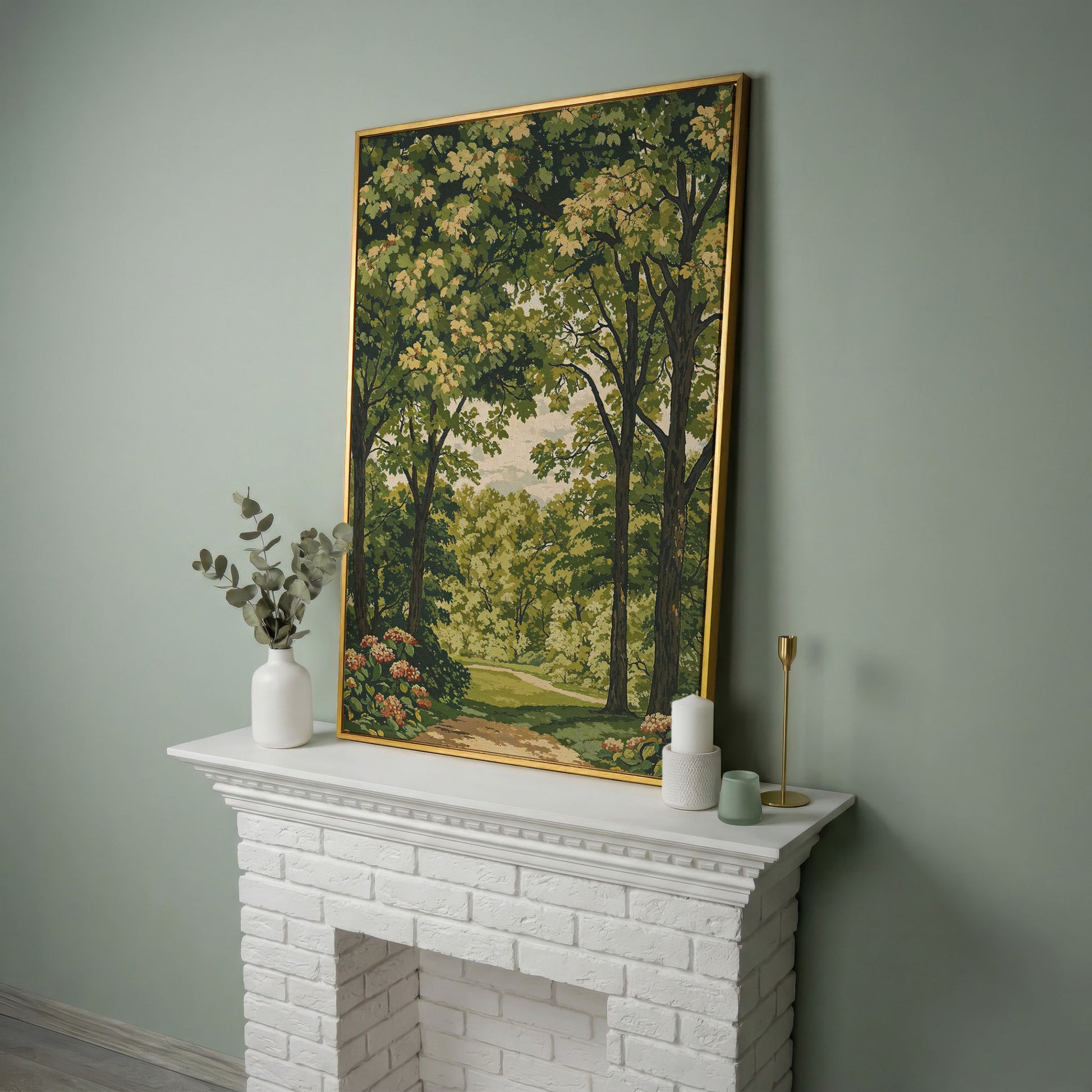 Peaceful Green Landscape Canvas in yellow gold floating frame