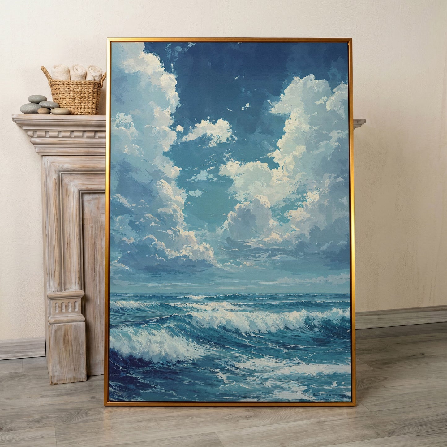 Blue Sky and Ocean Waves Canvas Print Seascape Art in antique gold floating frame