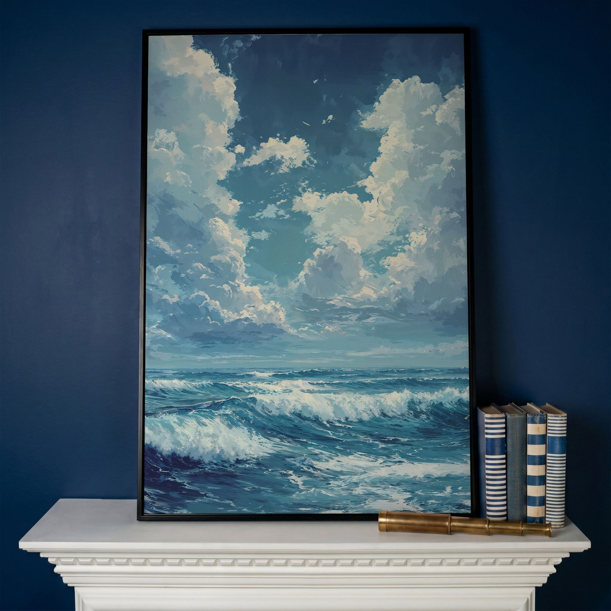Blue Sky and Ocean Waves Canvas Print Seascape Art in black floating frame