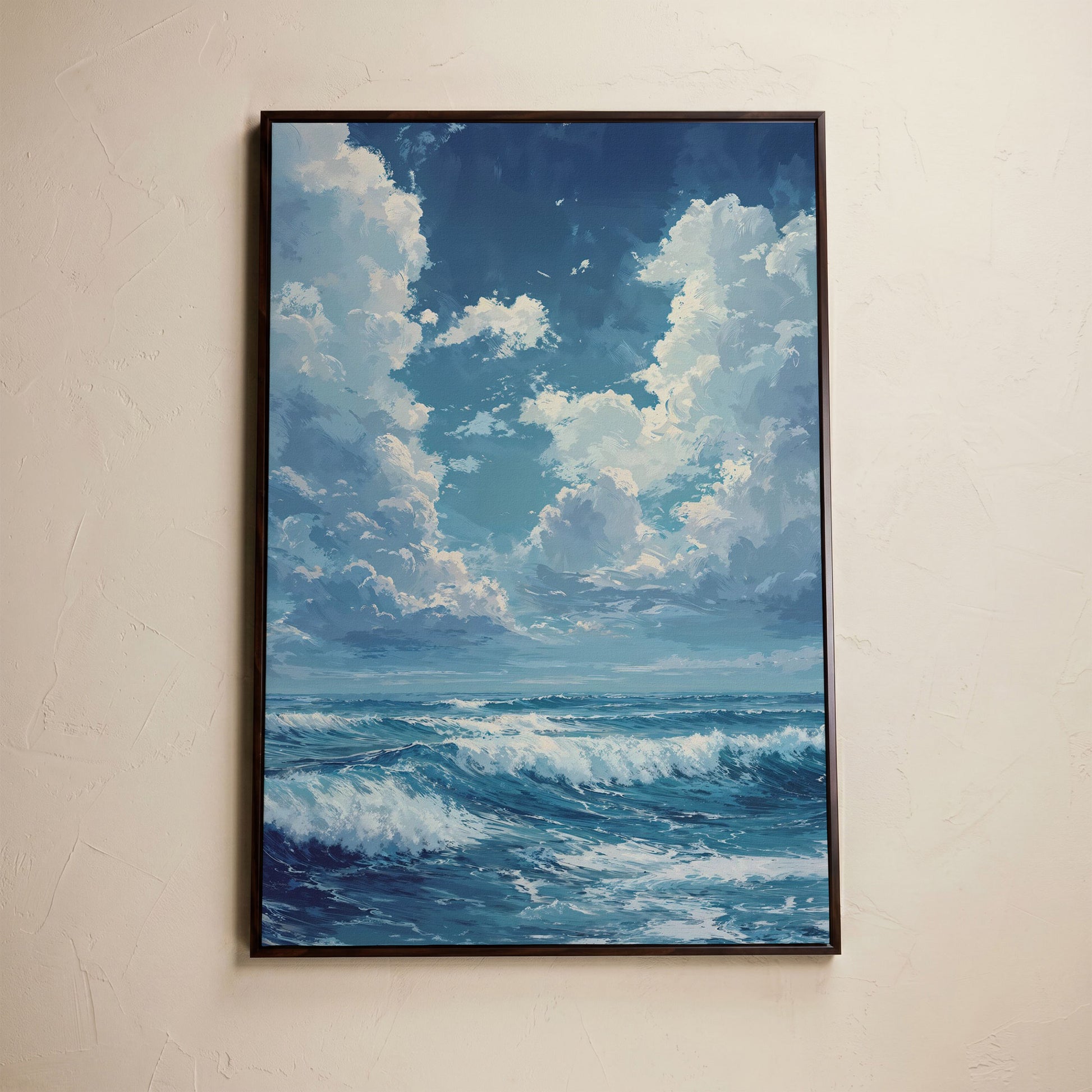 Blue Sky and Ocean Waves Canvas Print Seascape Art in dark walnut floating frame