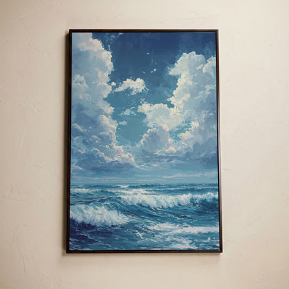 Blue Sky and Ocean Waves Canvas Print Seascape Art in dark walnut floating frame