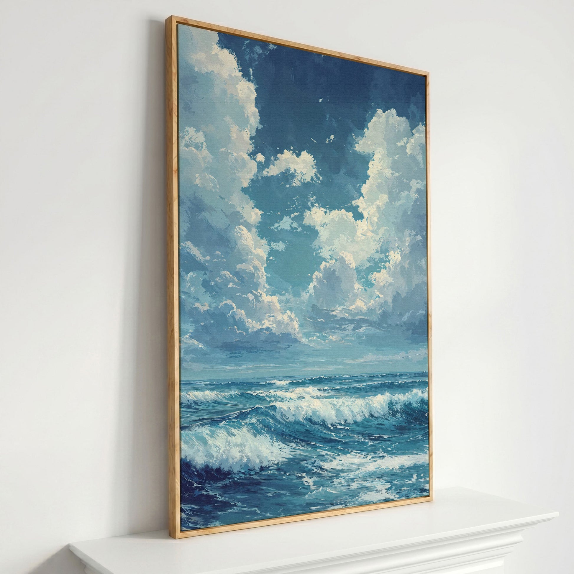 Blue Sky and Ocean Waves Canvas Print Seascape Art in white oak floating frame