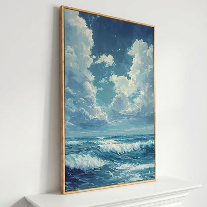 Blue Sky and Ocean Waves Canvas Print Seascape Art in white oak floating frame