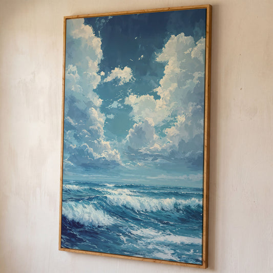 Blue Sky and Ocean Waves Canvas Print Seascape Art shown in white oak floating frame