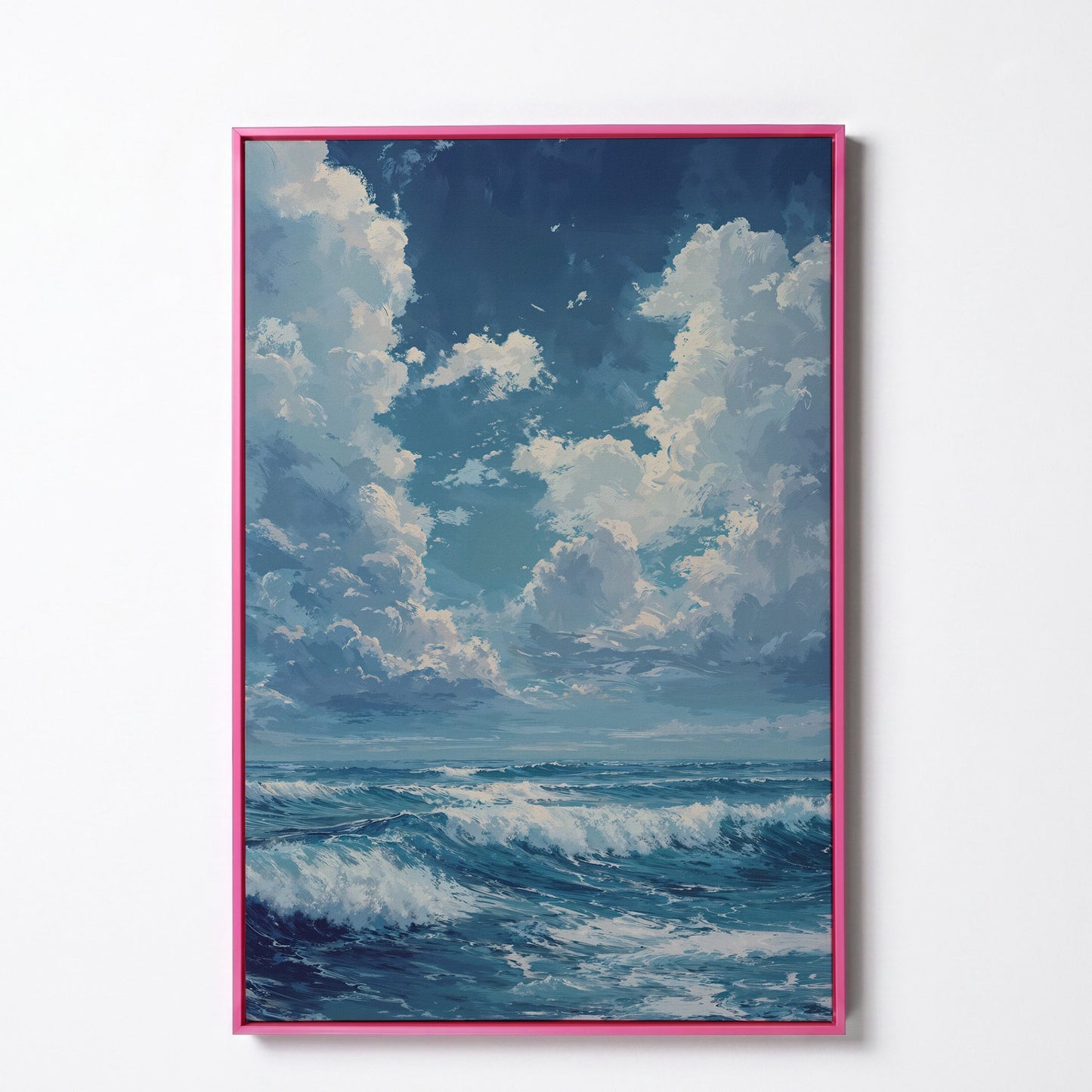 Blue Sky and Ocean Waves Canvas Print Seascape Art in pink floating frame