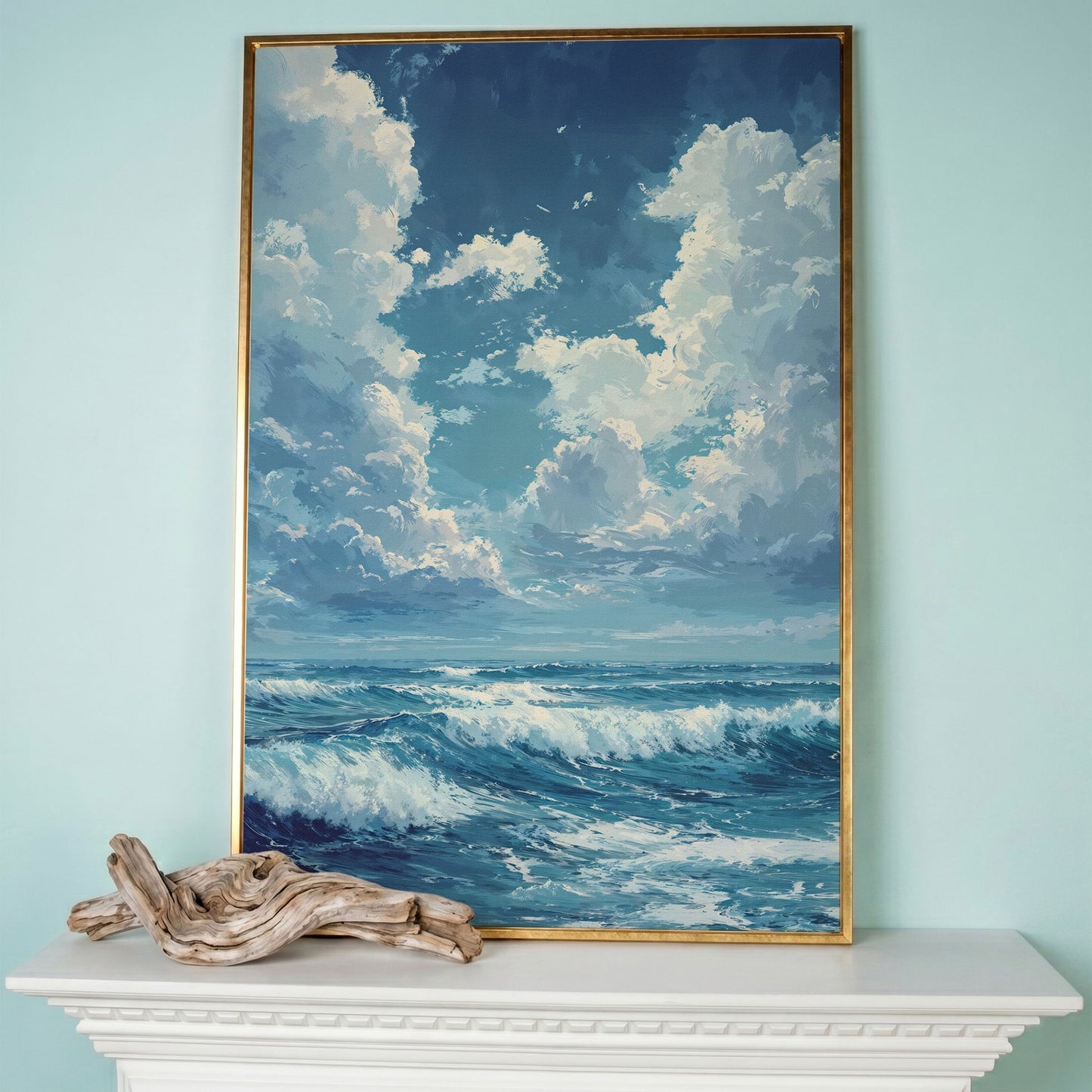 Blue Sky and Ocean Waves Canvas Print Seascape Art in rose gold floating frame