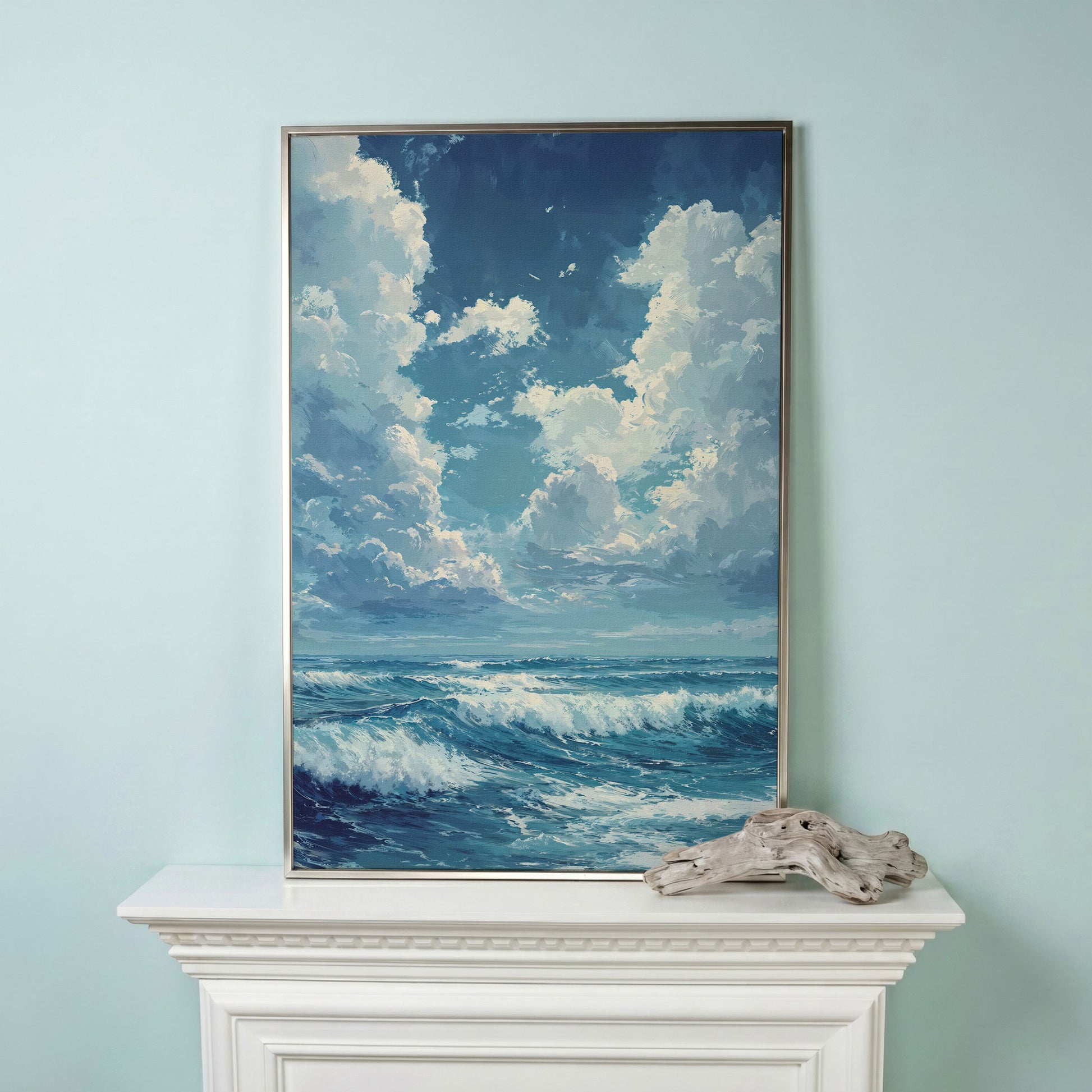 Blue Sky and Ocean Waves Canvas Print Seascape Art in silver floating frame