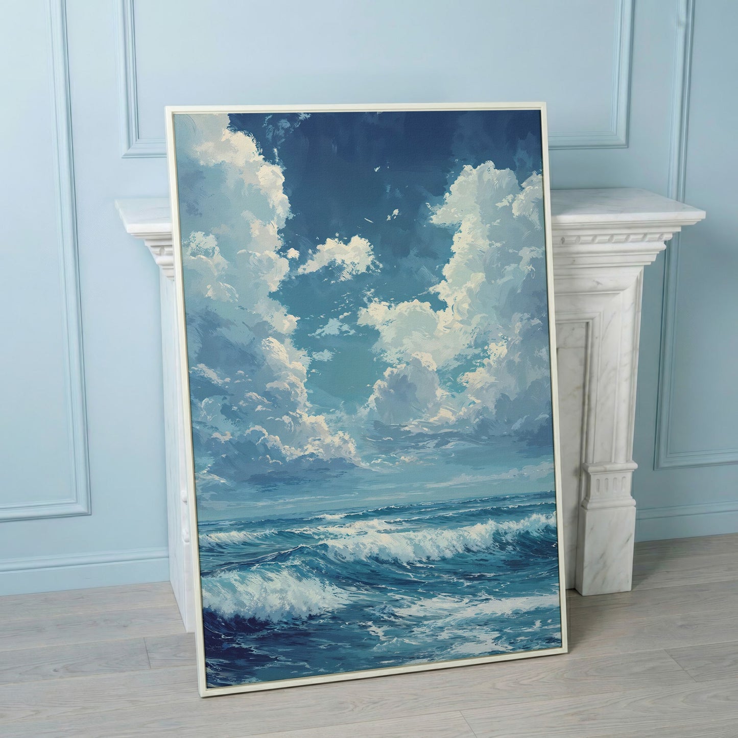 Blue Sky and Ocean Waves Canvas Print Seascape Art in white floating frame