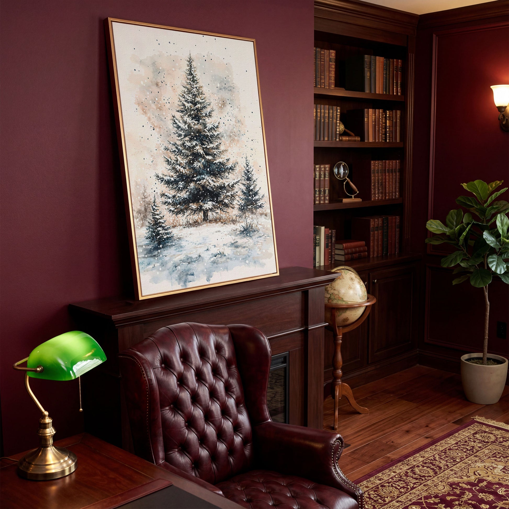 Snowy Pine Trees Winter Landscape Canvas in antique gold floating frame