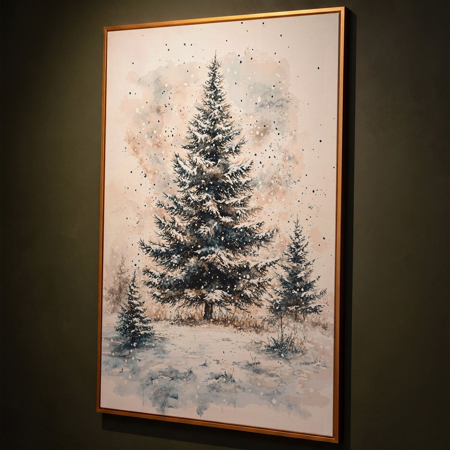 Snowy Pine Trees Winter Landscape Canvas shown in antique gold floating frame
