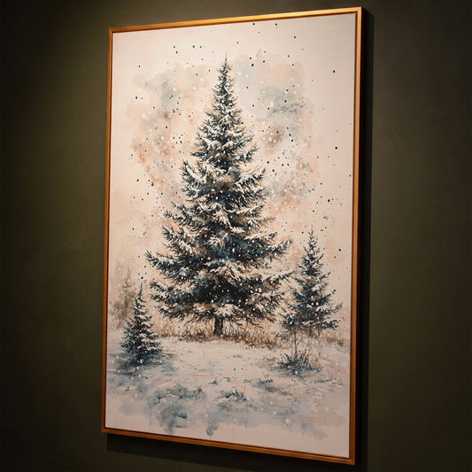 Snowy Pine Trees Winter Landscape Canvas shown in antique gold floating frame