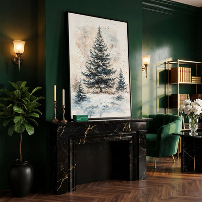 Snowy Pine Trees Winter Landscape Canvas in black floating frame