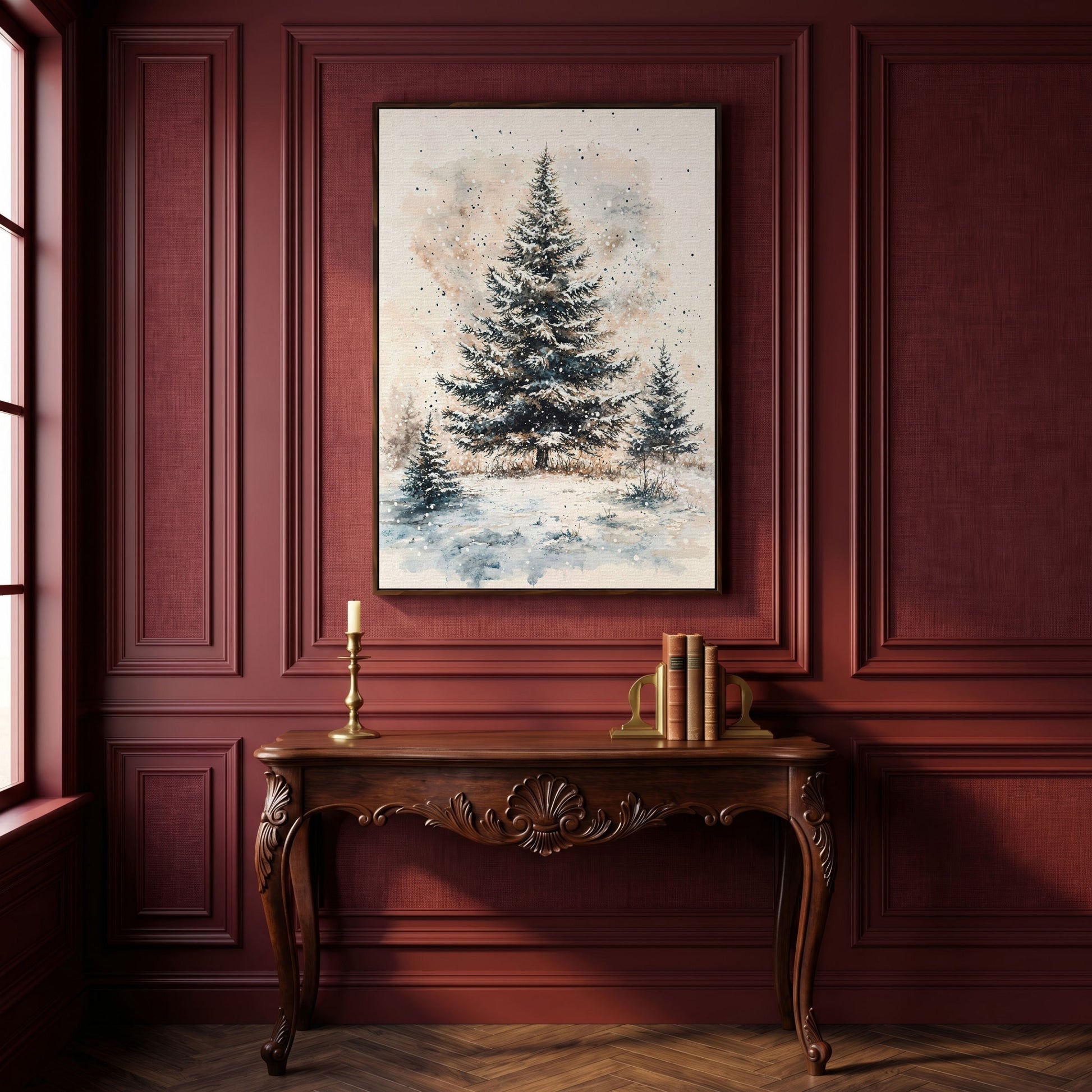 Snowy Pine Trees Winter Landscape Canvas in dark walnut floating frame