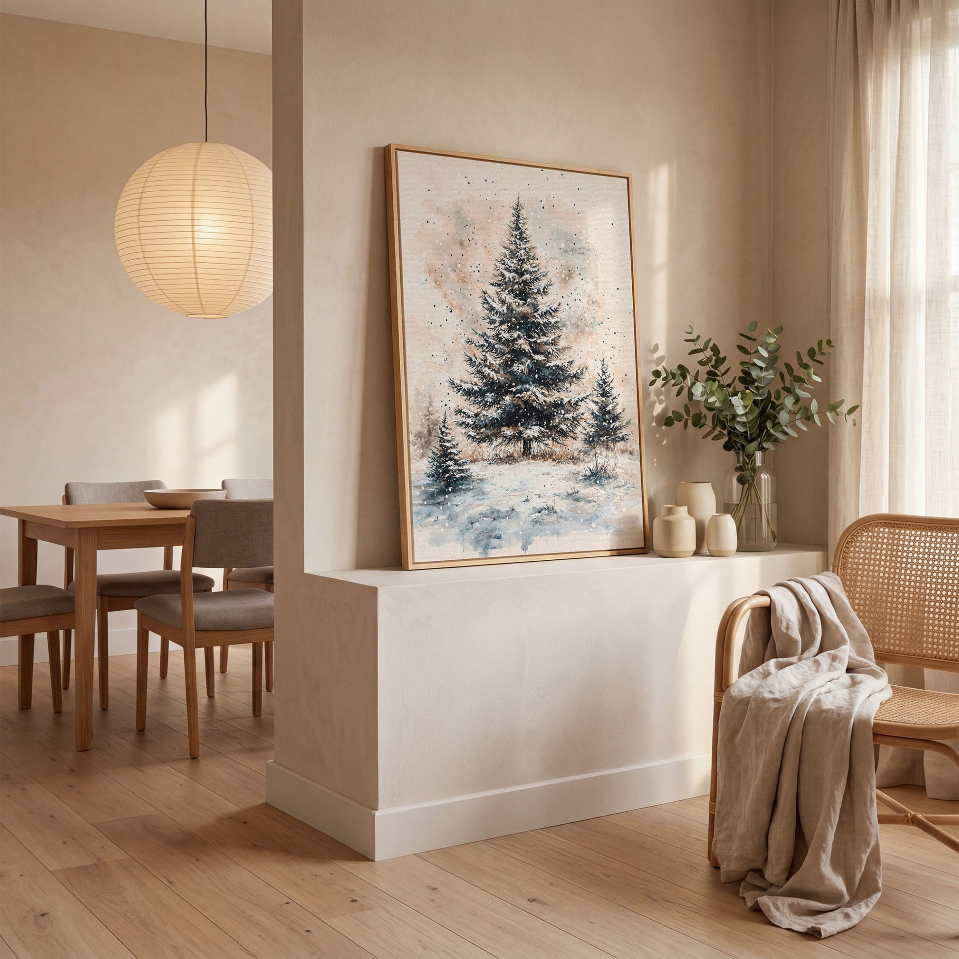 Snowy Pine Trees Winter Landscape Canvas in white oak floating frame