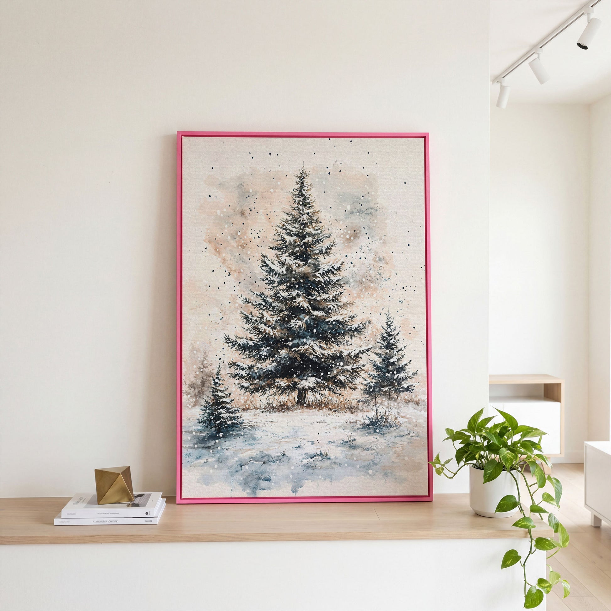 Snowy Pine Trees Winter Landscape Canvas in pink floating frame